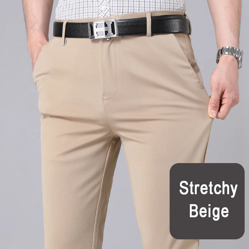 Male Smart Casual Pants Stretchy Sports Mens Fast Dry Trousers Spring Autumn Full Length Straight Office Black Navy Work Pants 240420