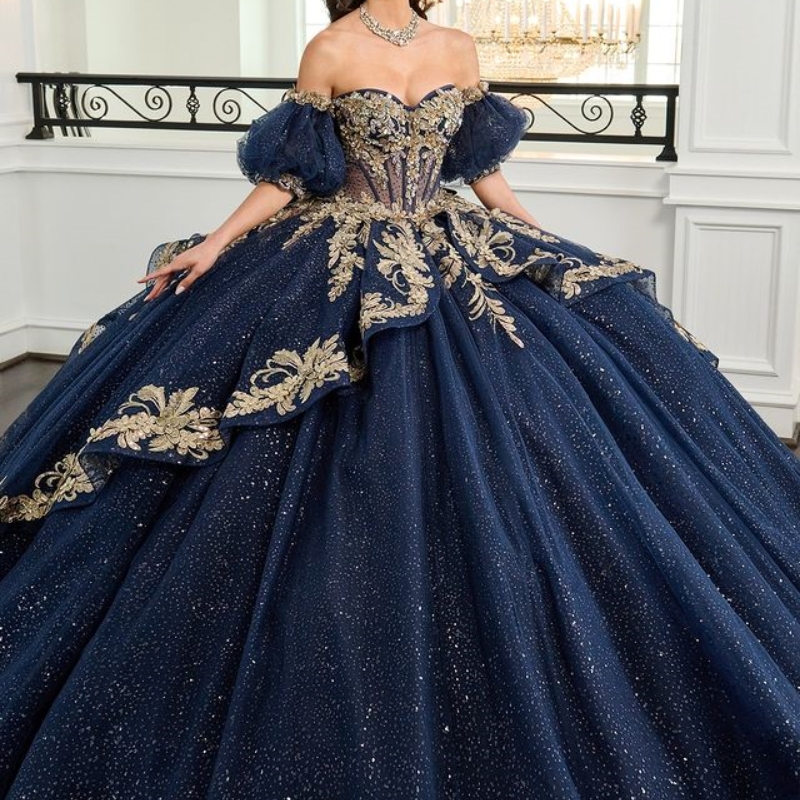 Navy Blue Shiny Ball Gown Quinceanera Dresses Gold Appliques Lace Beads Crystal Tull Corset Vestidos 15 De XV Anos Sweet 16 Dress Dr0320