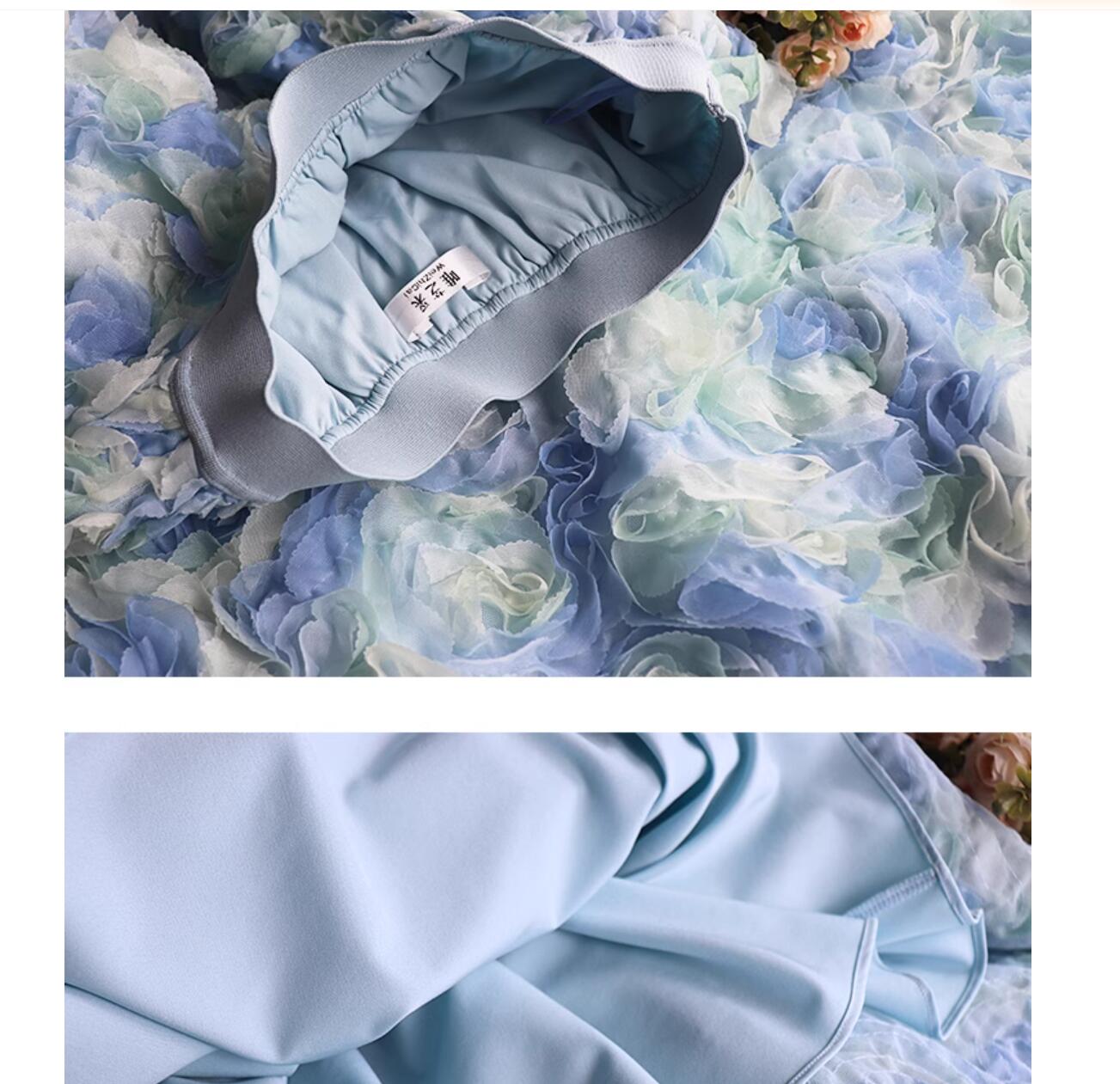 Womens new ball gauze elastic waist blue rose luxury dress long desinger skirt SL