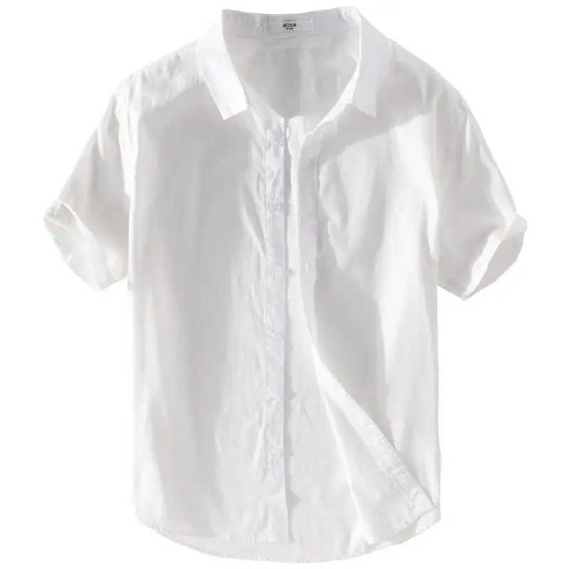 Mens Cotton Linen Short Sve Slim Fit Shirt Breathable Summer Cotton Linen Blend Tops Casual White Button Down ShirtXJ241120