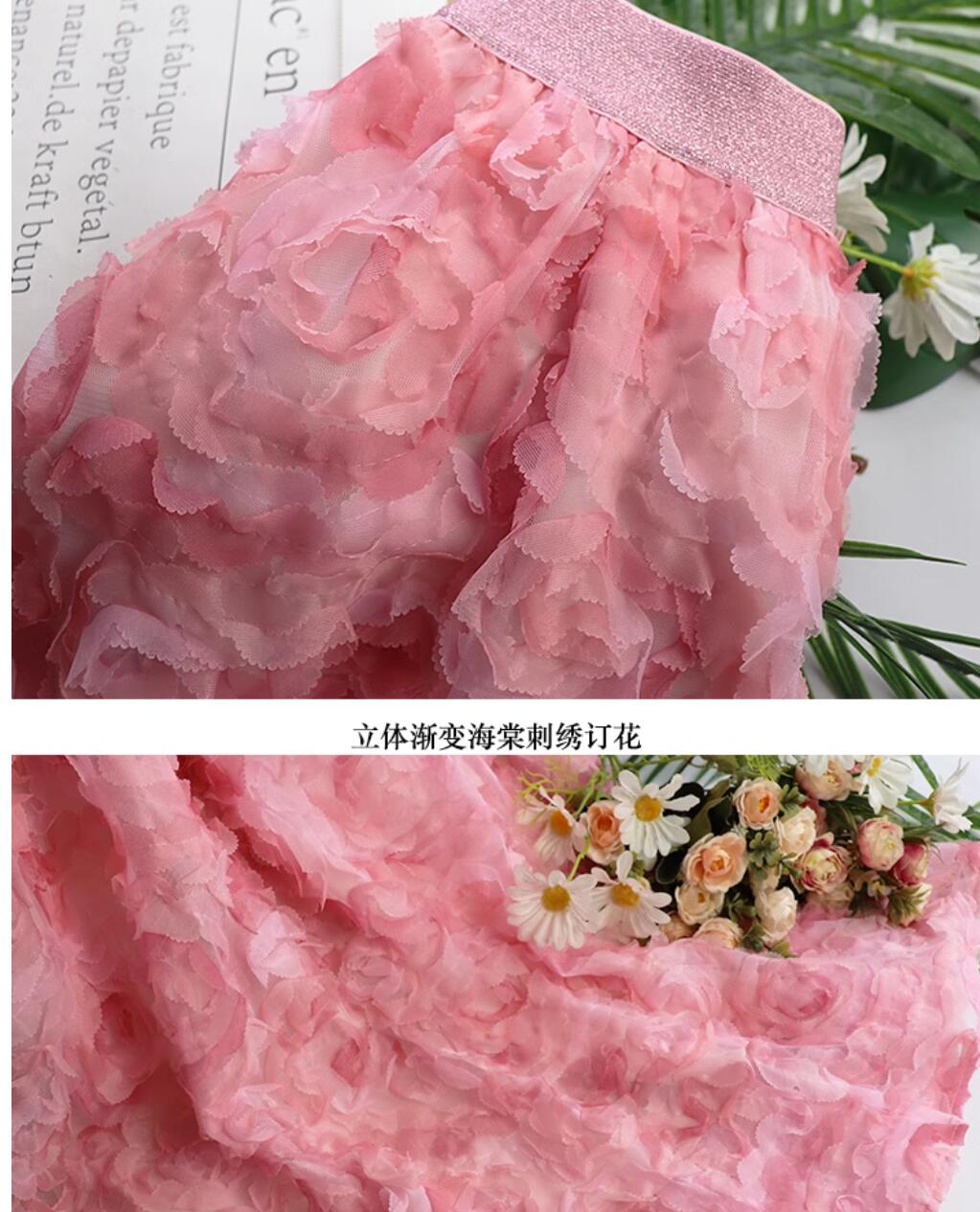Female elastic waist rose flower gauze fashion French elegant ball dress long skirt pink purple 2 color SL