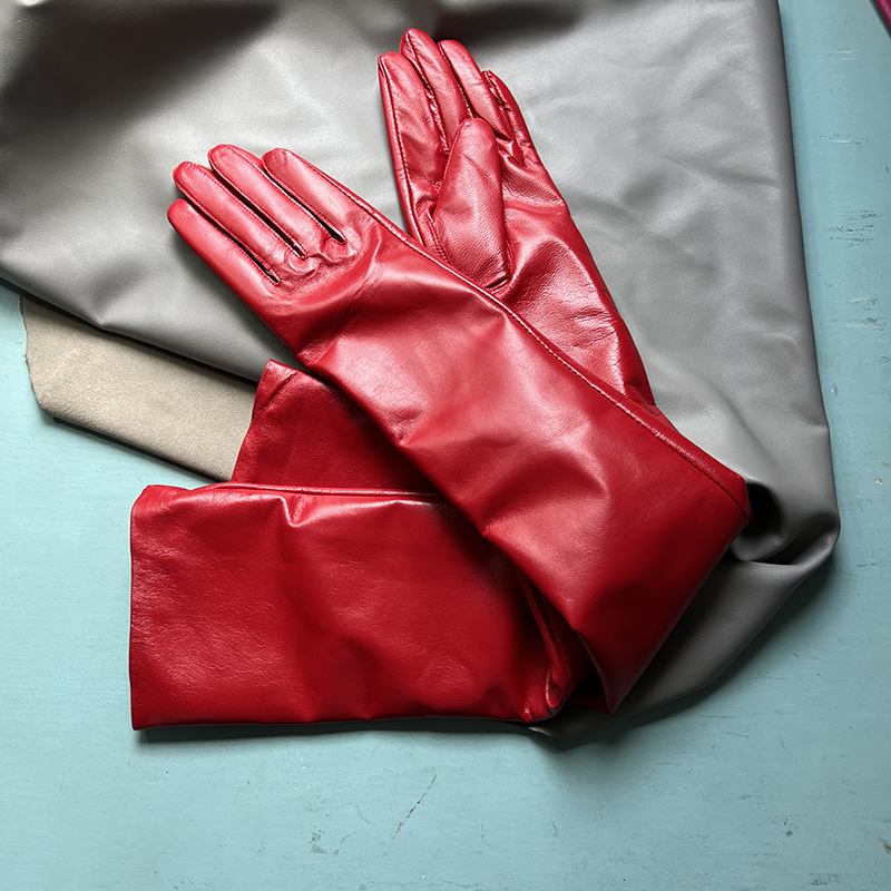 Women Real Leather Long Gloves Full Fingers Winter Warm Elbow Gloves Outdoors Long Sheepskin Mittens Wine Party genuine leather female styleArm sleeve