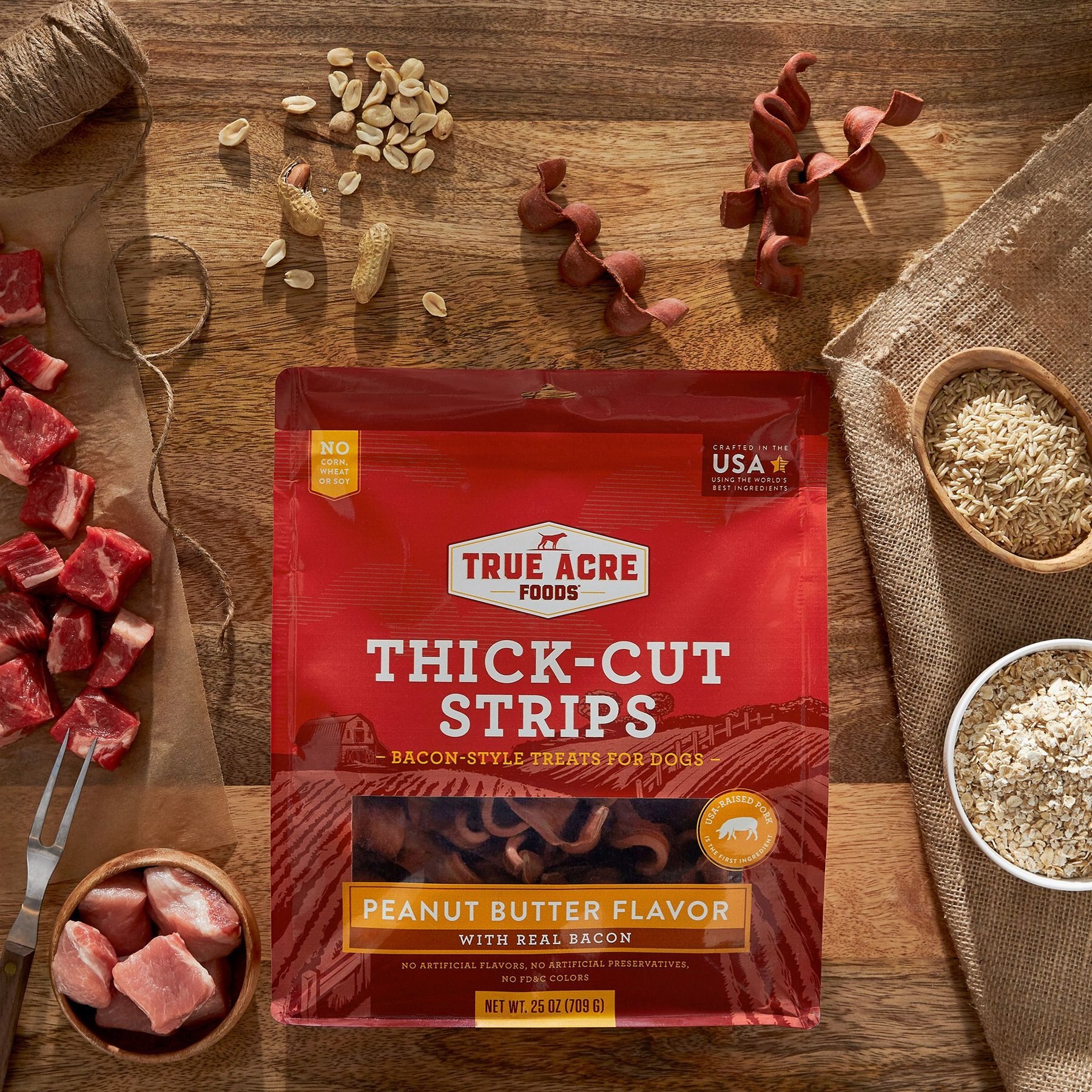 True Acre Foods Thick Cut Strips with Real Bacon and Peanut Butter Flavor Dog Treats