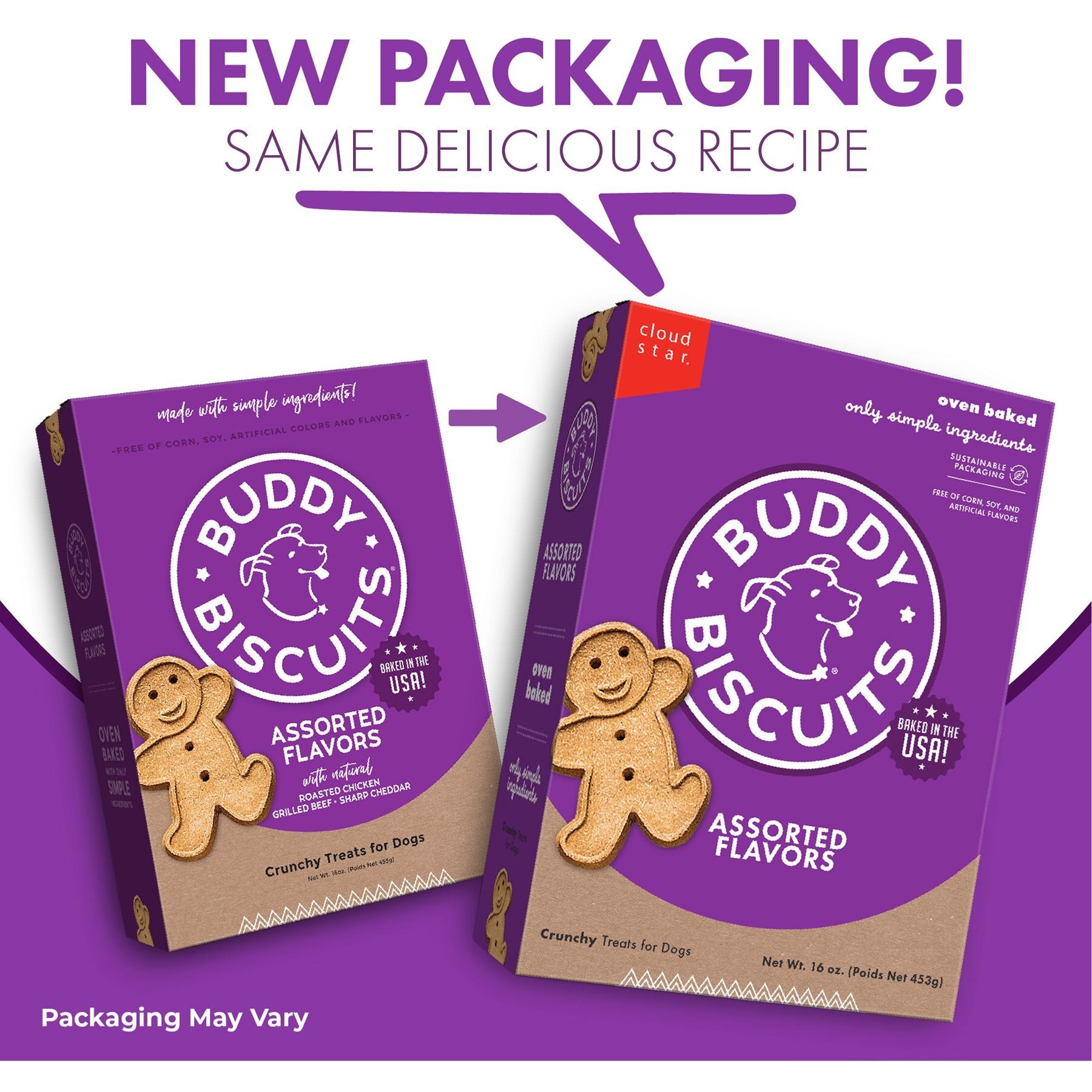 Buddy Biscuits Assorted Flavors Roasted Chicken, Grilled Beef, Sharp Cheddar Dog Treats, 16-oz box