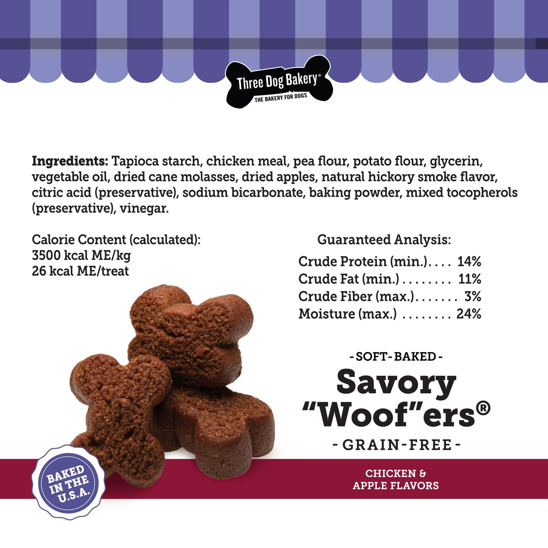 Three Dog Bakery Soft Baked Savory Woofers Chicken & Apple Flavor Grain-Free Dog Treats