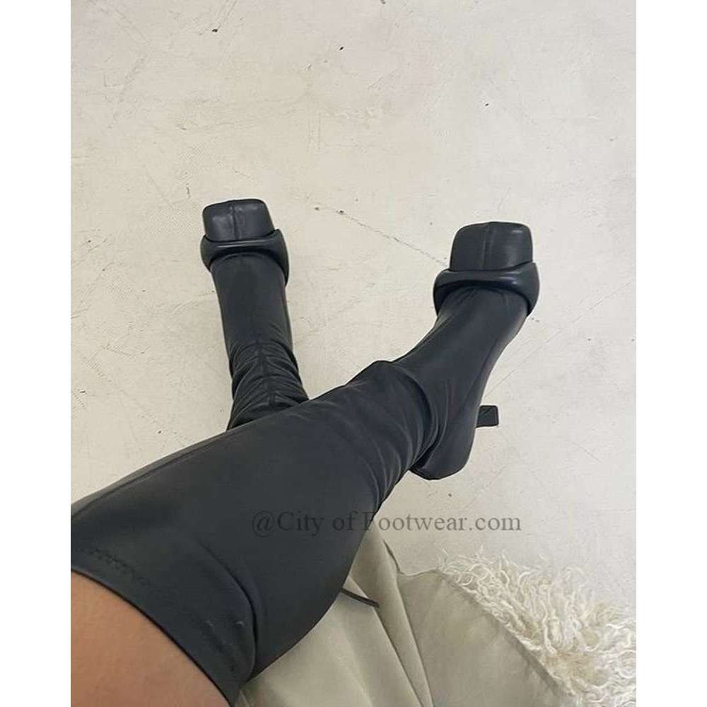 Square Toe Black Leather Knee Boots Women Sexy Winter New In High Heels Boot Designer 2024 Strange Style Shoes