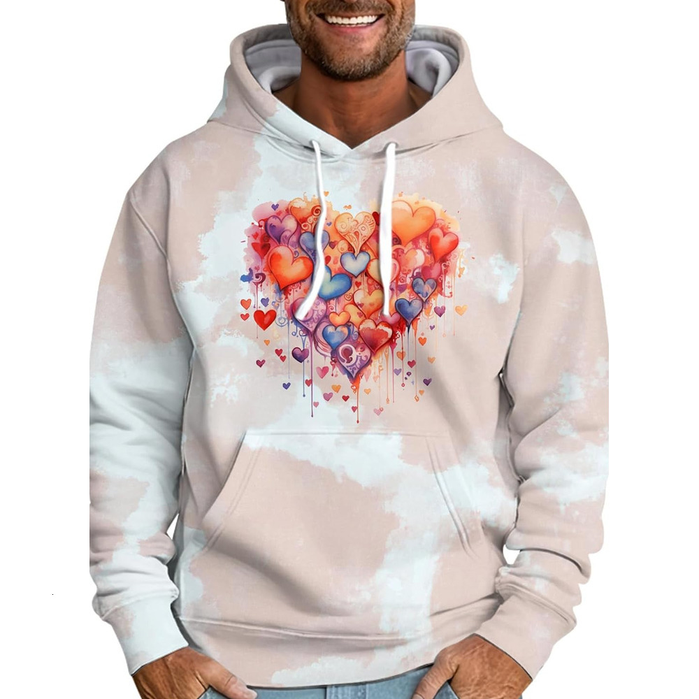 Hoodie for Mens Womens Mens Valentines Day Hoodies Long Sleeve Hooded Love Tie Dye Printed Sweatshirt Big and Tall Hip Hop Pullover Tops Graphic Hoodi