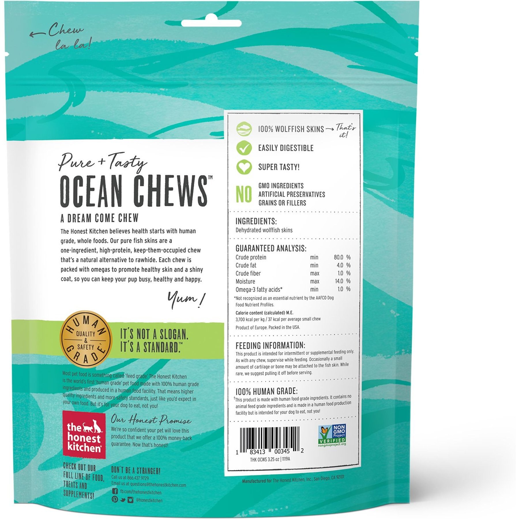 The Honest Kitchen Beams Ocean Chews Wolfish Skins Dehydrated Dog Treats, Small, 3.25-oz bag
