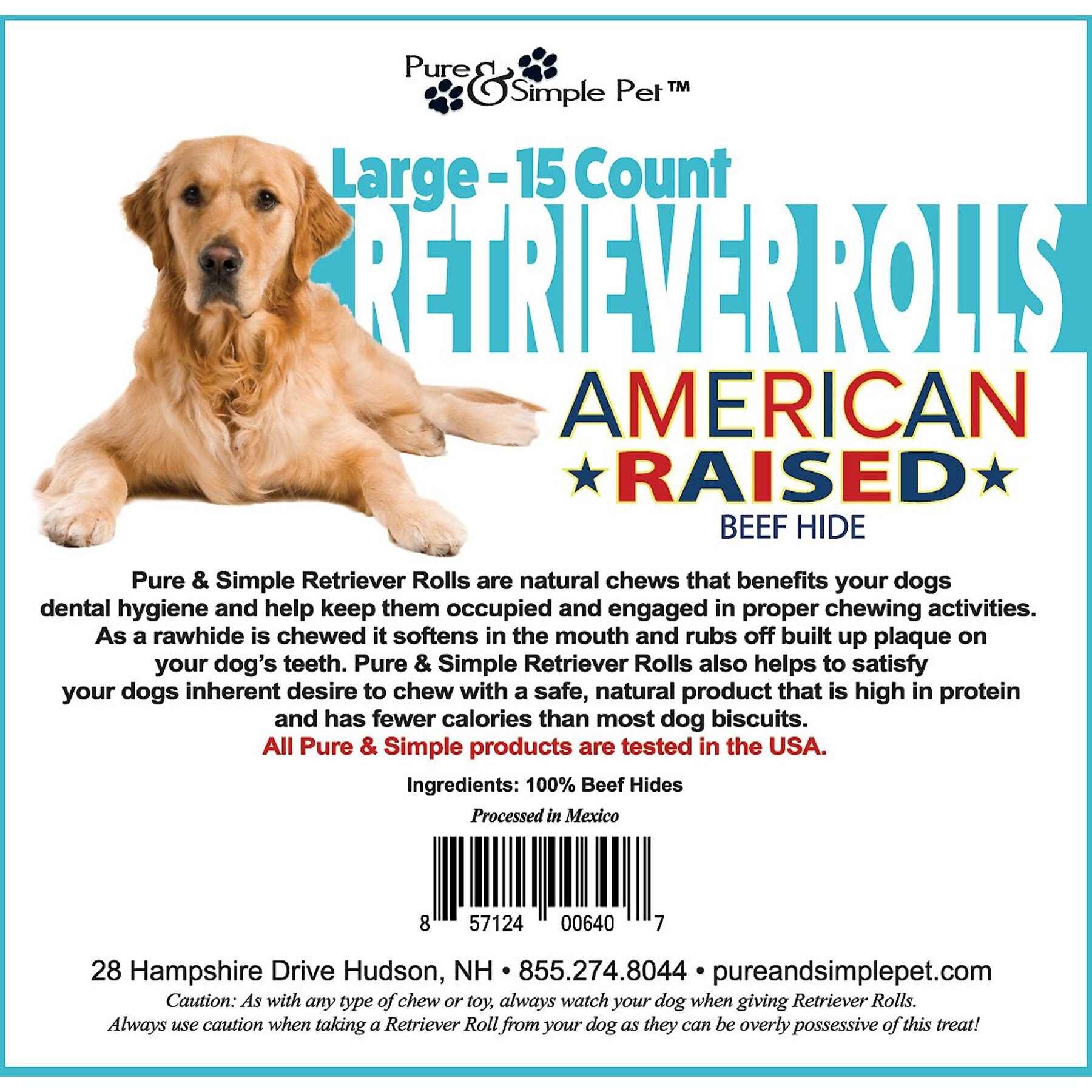 Pure & Simple Pet 8" Rawhide Retriever Roll Dog Treat, Large
