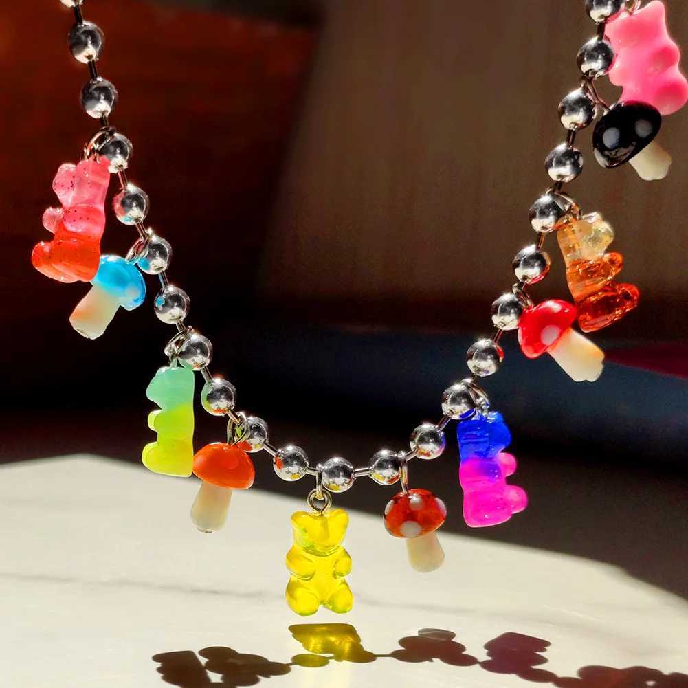 Pendant Necklaces Stainless steel Ball Link Chain Necklace for Women Cute Gummy Bear Mushroom Pendant Silver Color Necklaces Punk Handmade Jewelry Y24