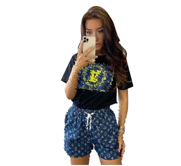 Luxury Women Tracksuits Summer Short Sleeve O-Neck Tee Tops+Denim Shorts Two Piece Set Outfit Legging Women Jogging Suit