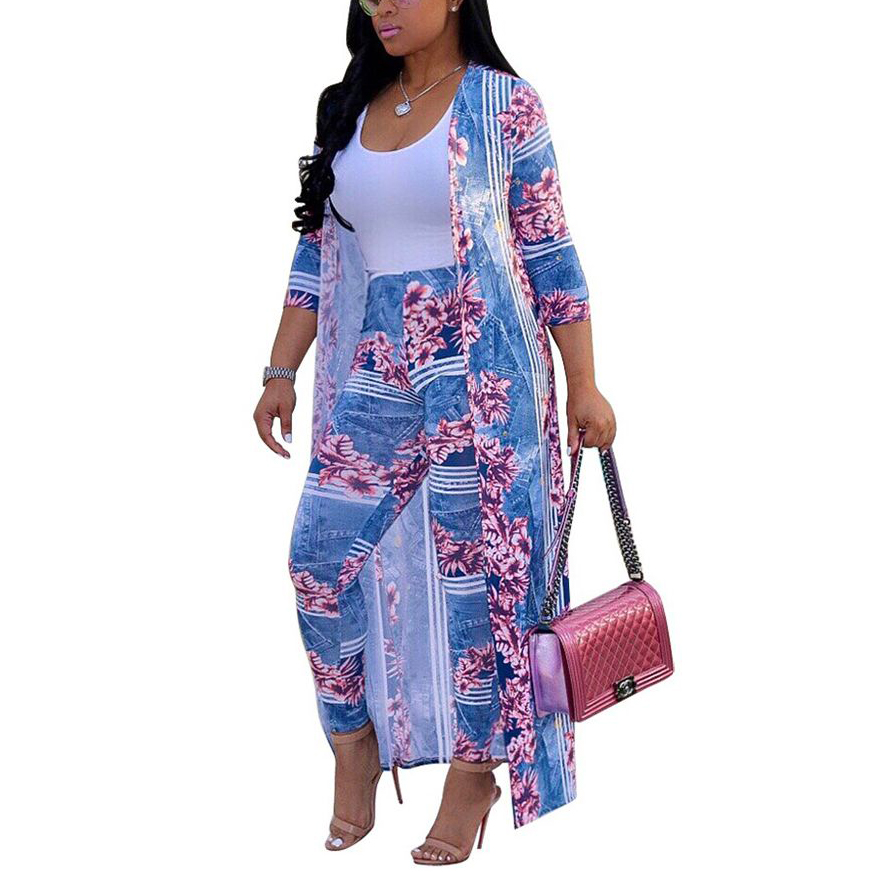 Women 2 Piece Pants Club Outfits Long Sleeve Floral Open Front Cardigan and Pants Set Loose Blouse Coat Long Pants Two Piece