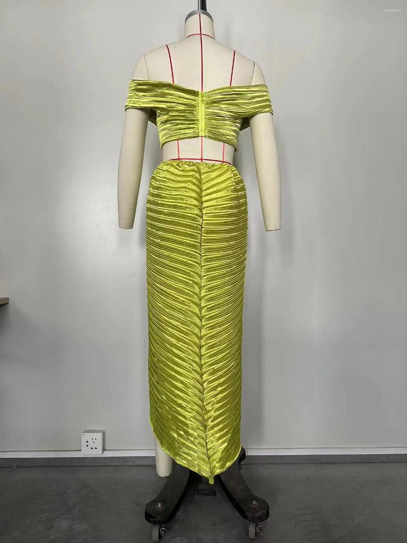 Work Dresses Design Fold Slash Off Shoulder Crop Top And Midi Skirt Two Piece Set Sexy Elegant Party Dress Summer Women Cloth