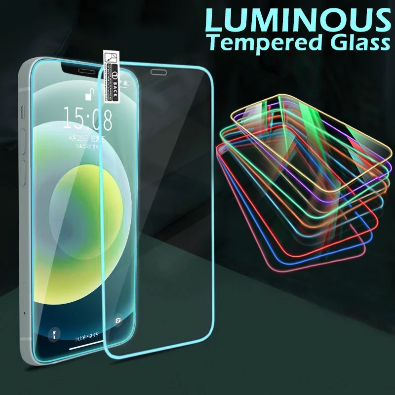 Luminous Fluorescent Tempered Glass Screen Protector Night Glow in The Dark Glowing Protective Full Cover For iPhone 15 14 13 12 11 Pro Max XS XR 8 7  - view 3