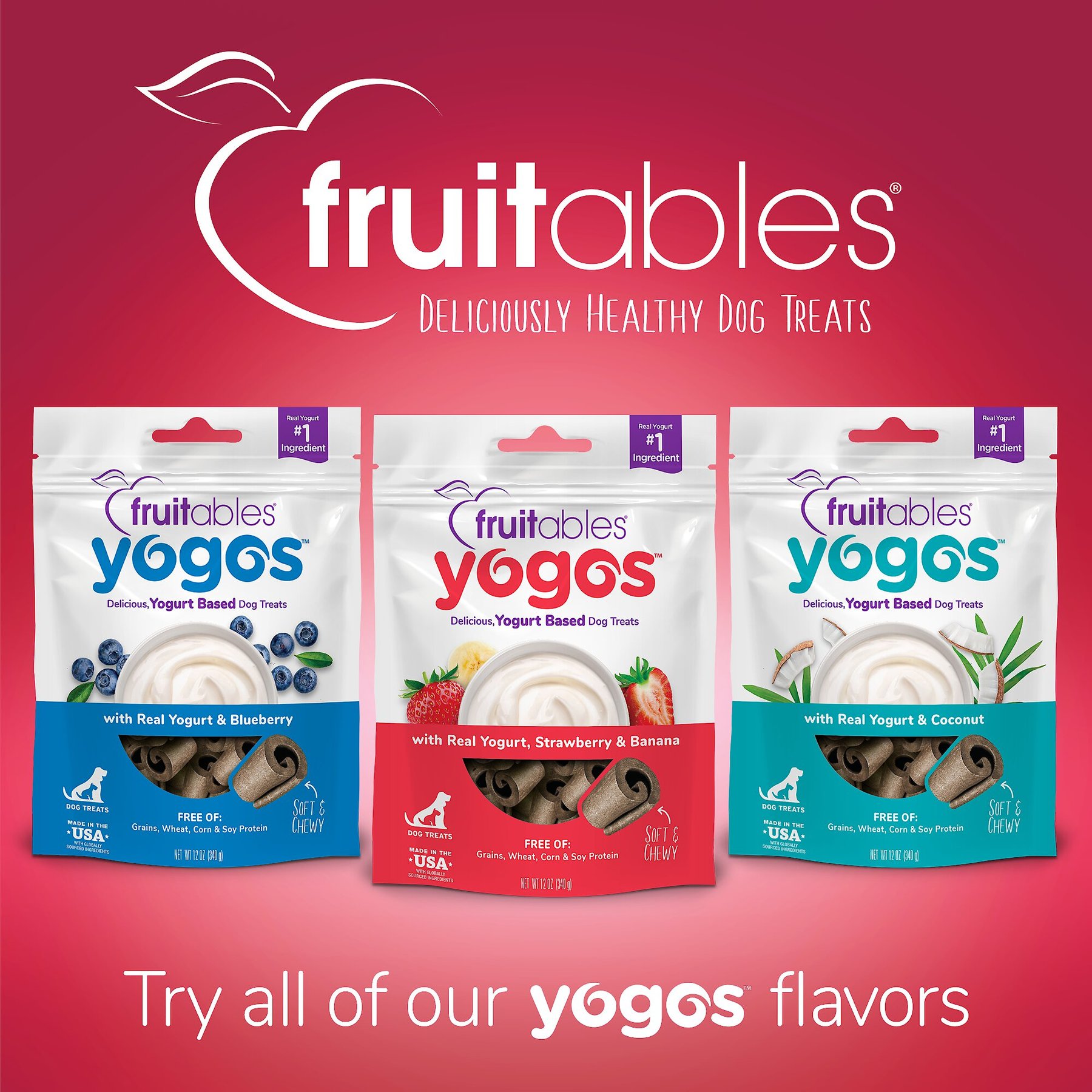 Fruitables Yogos Strawberry & Banana Flavor Grain-Free Dog Treats, 12-oz pouch