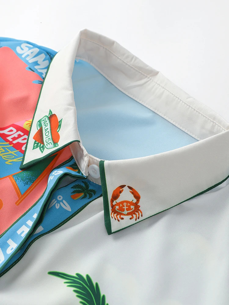 Holiday Print Shirt Womens Suit Fashion Loose Single Breasted Top Female Sets Summer High Waist Wide Leg Pants Set 240415