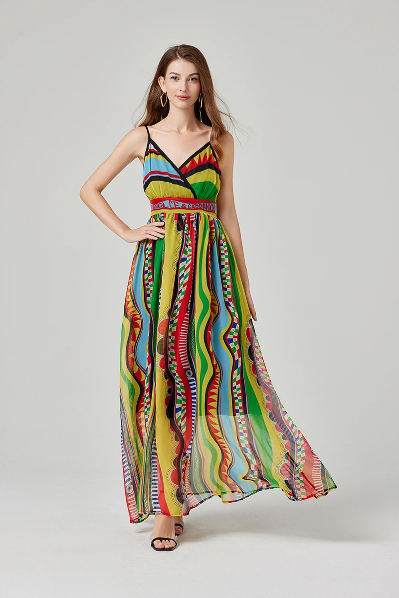 Women Casual Dresses Spring Summer Bohemain Spaghetti Strap Chiffon Flowy Dress Women Sexy V-Neck Backless Floral Print Holiday Boho Long Robe Vestido