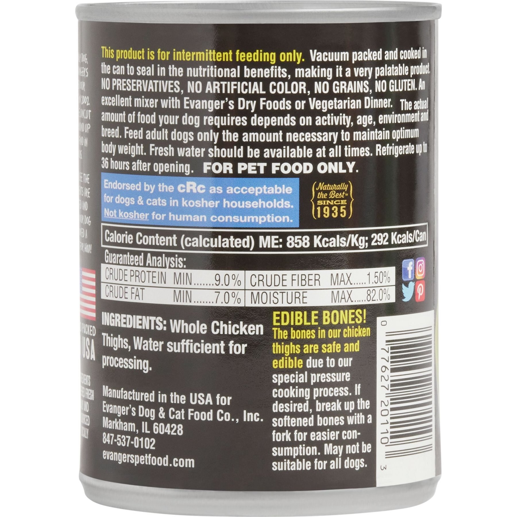 Evanger's Grain-Free Hand Packed Whole Chicken Thighs Canned Dog Food