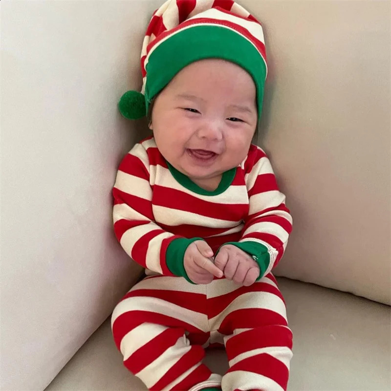 Christmas Autumn Winter Baby Set Children Boys Girls Cute Cotton Two tone Red/Green Stripe Baby Long Sleeve Childrens Set 241121