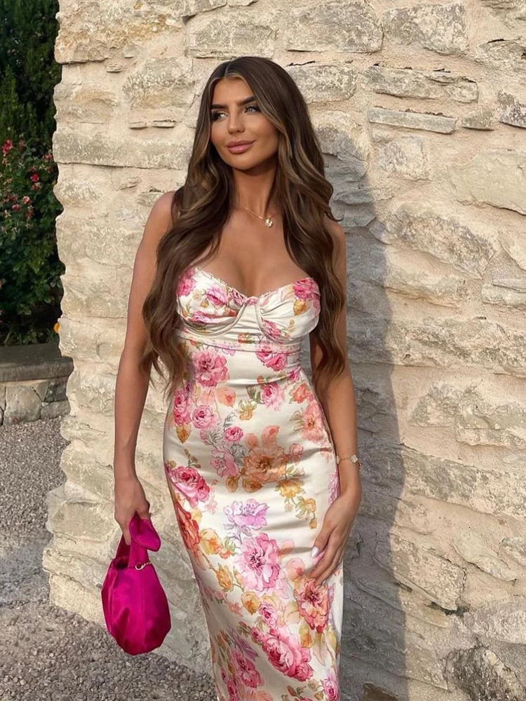 Suninheart Summer Spaghetti Strap Floral Print Party Dresses Elegant Maxi Bodycon Wedding Guest Holiday Dress In Dress 240419