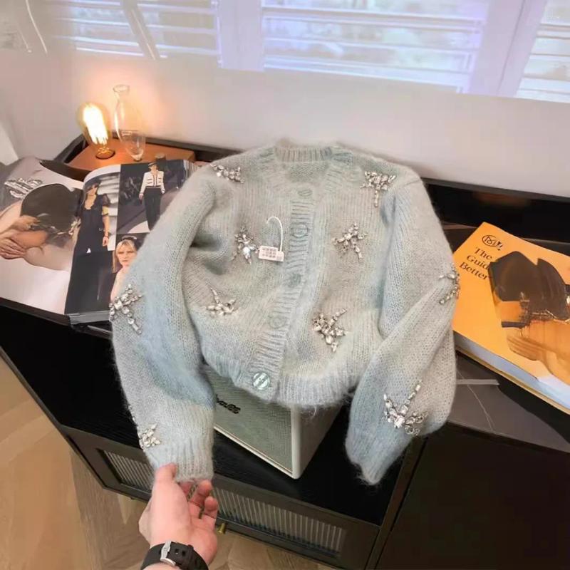 Blue Dia Studded Knitted Jacket For Women - Soft, Western Style Short Sweater