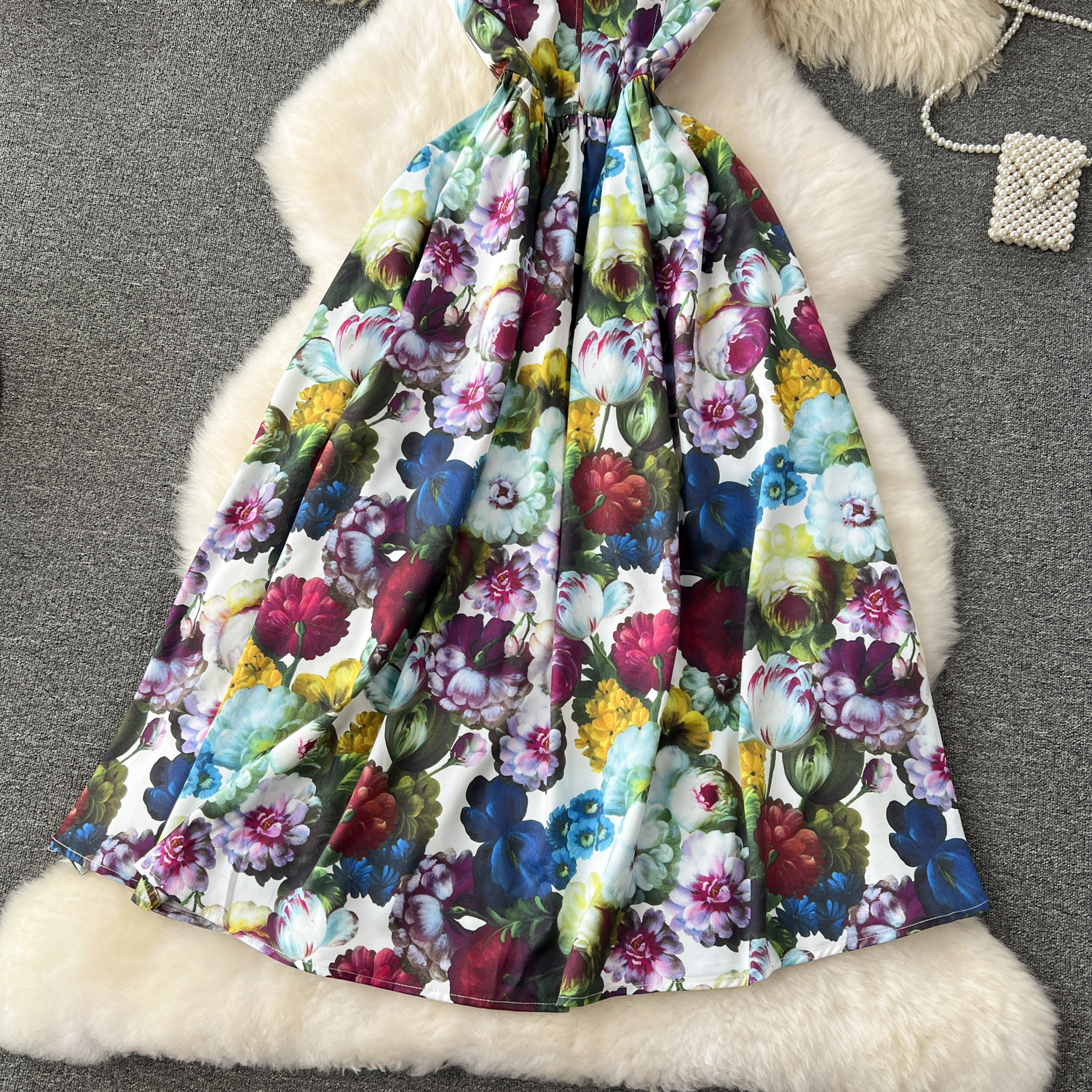 2024 Casual Dresses Summer Runway Beach Spaghetti Strap Dress Womens V-Neck Sleeveless Cup Padded Flower Print Holiday Party Vestidos