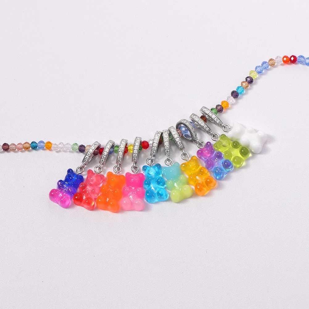 Pendant Necklaces 2021 New Shiny Gradient Gummy Bear Glass Beaded Necklace For Women Girl Silver Color CZ Bears Pendant String Beads Jewelry Gifts Y24