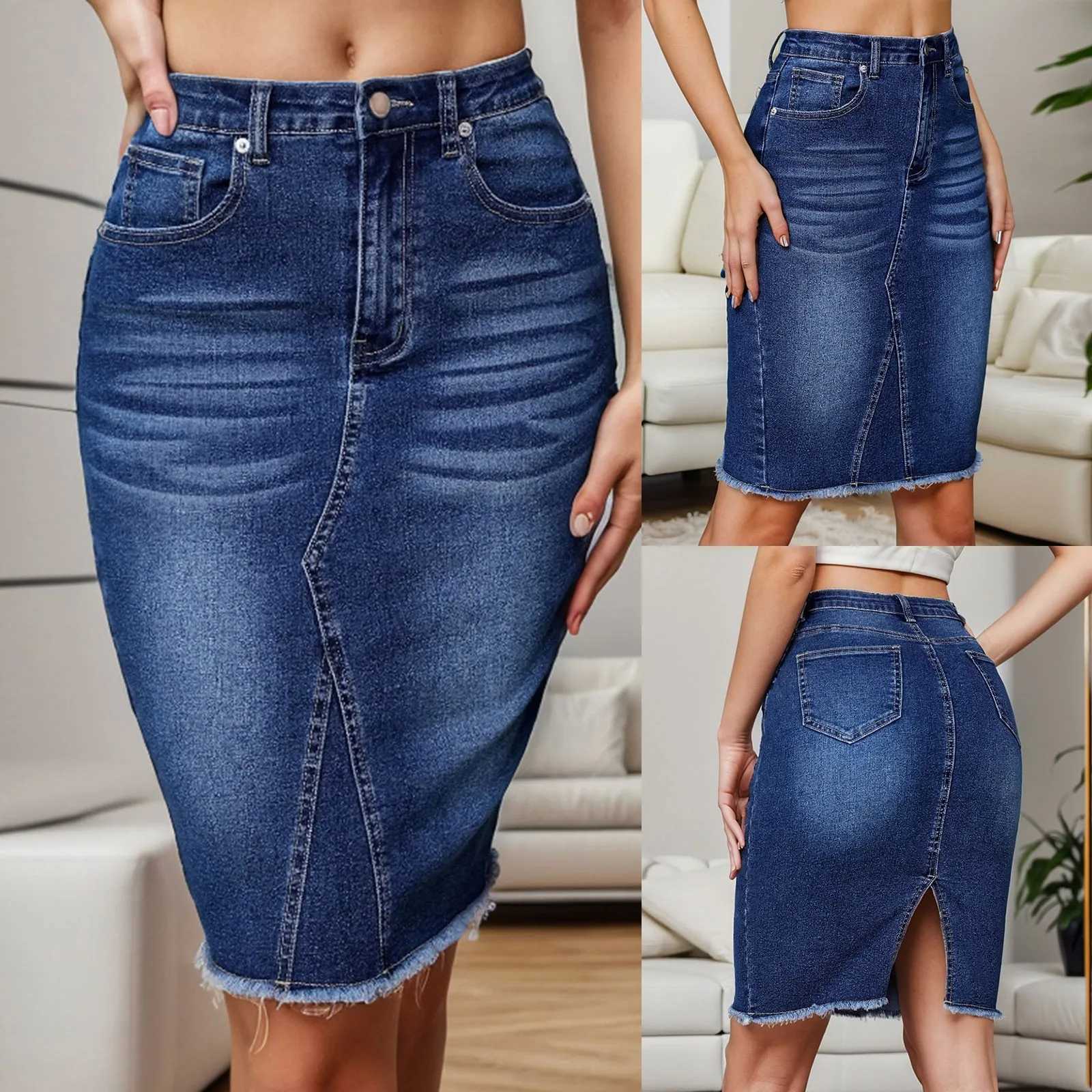 Skirts Fashion Tassel Hem Denim Skirt for Women 2023 Classic Irregular Design Midi Skirts Strtwear Back Slit Aesthetic Jeans Skirts Y240420