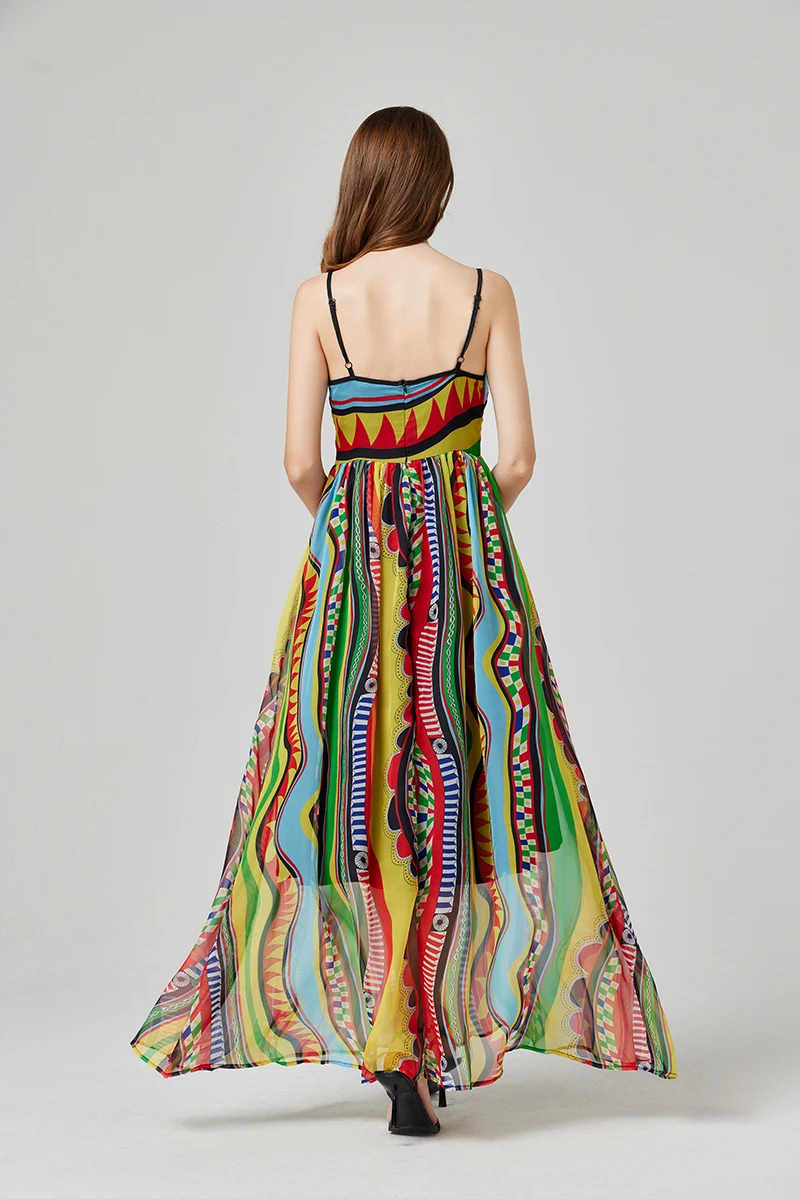 Women Casual Dresses Spring Summer Bohemain Spaghetti Strap Chiffon Flowy Dress Women Sexy V-Neck Backless Floral Print Holiday Boho Long Robe Vestido