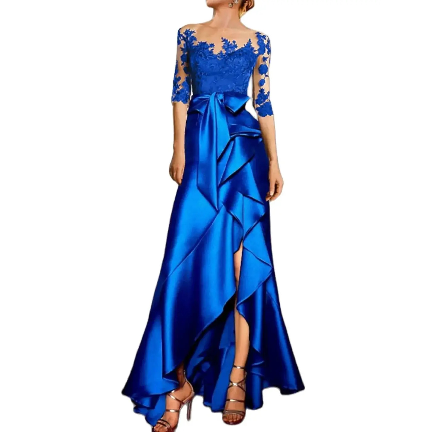 Vintage Long 3/4 Sleeve Satin Blue Mother of the Bride Dresses With Ruffles Mermaid Jewel Neck Sweep Train Mom of The Groom Dress Lace Godmother Dress