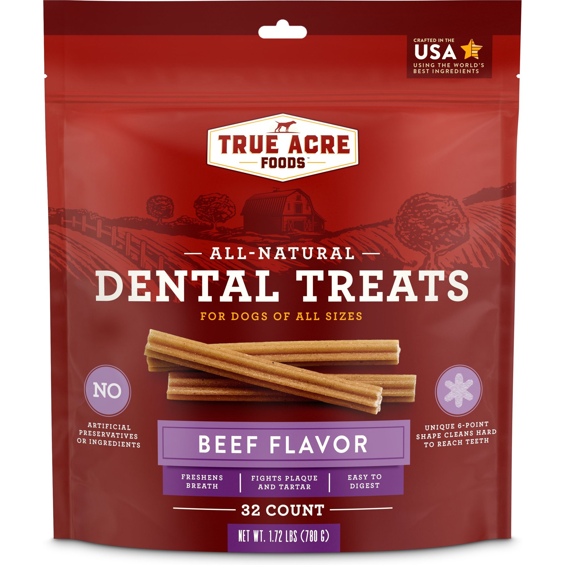 True Acre Foods All-Natural Dental Chew Sticks, Beef Flavor