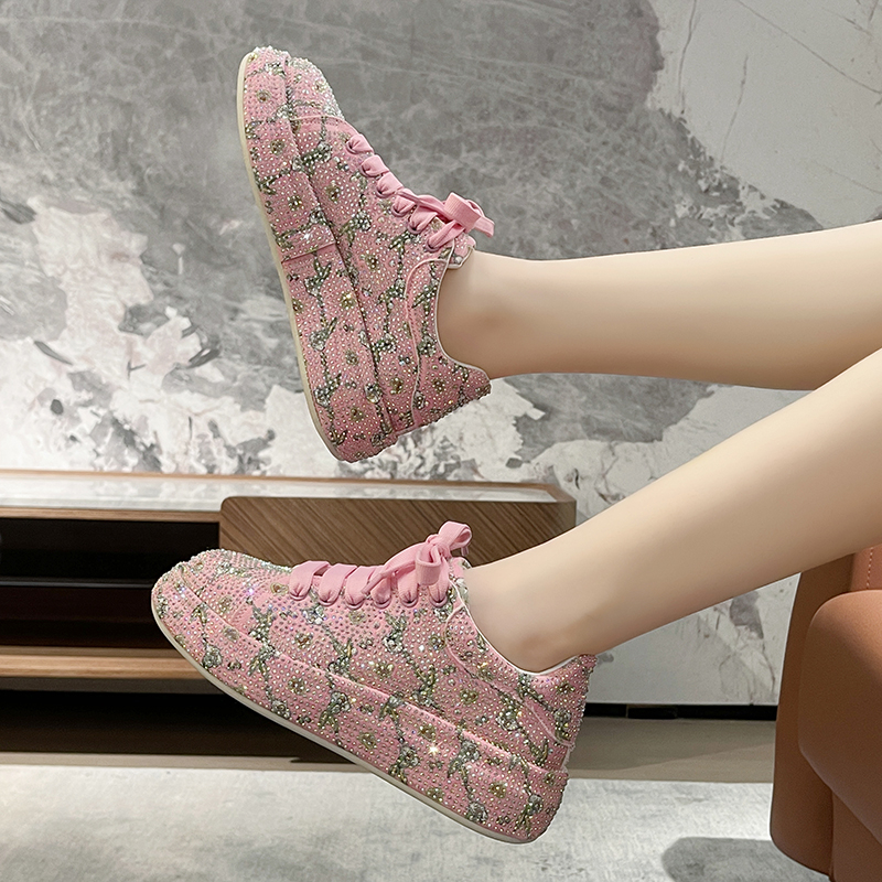 Designer shoes leather lace up women's fashionable flat sports shoes white pink women's luxurious rhinestone casual shoes high-quality casua
