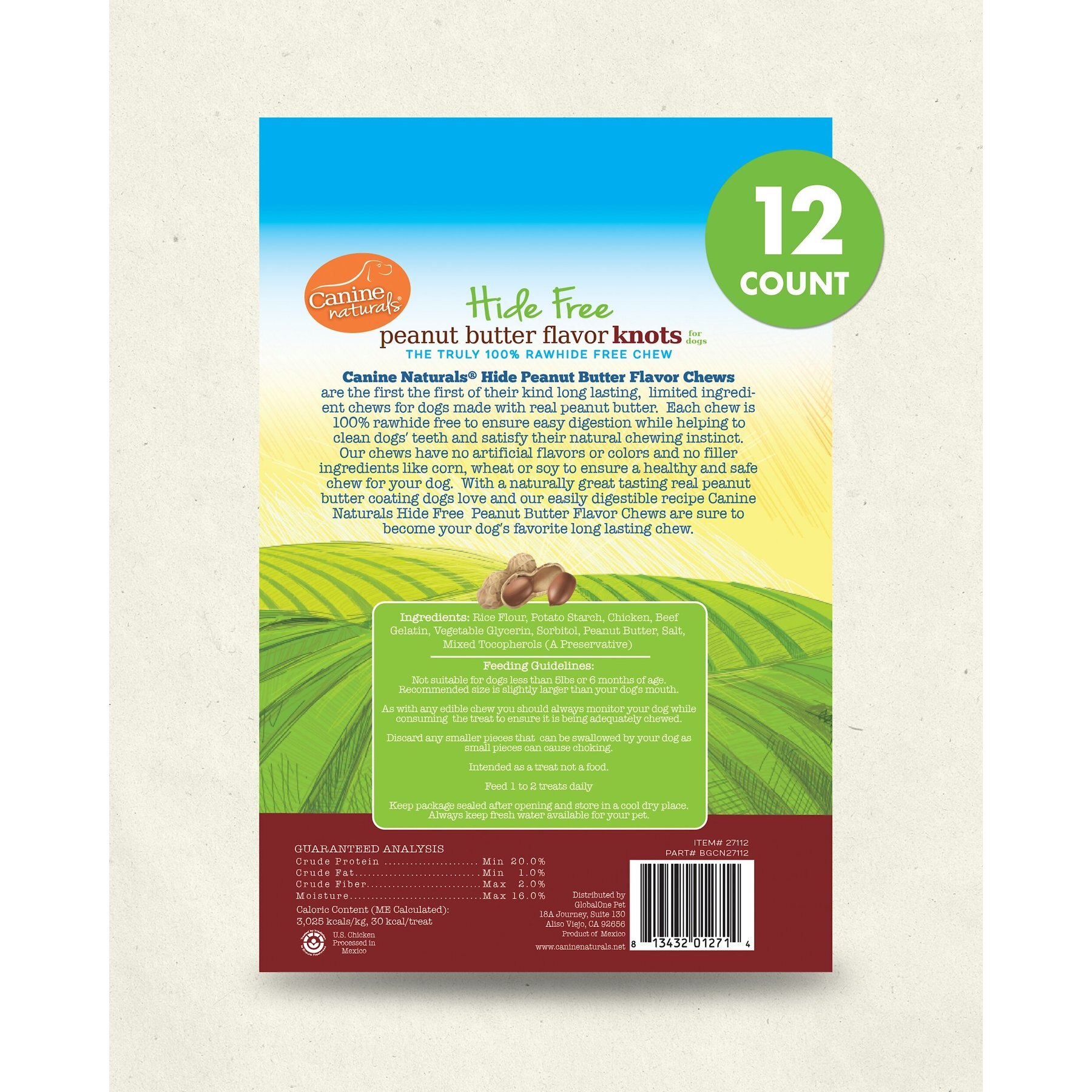 Canine Naturals Hide Free Peanut Butter Mini Knot Dog Chew Treat, 12 count