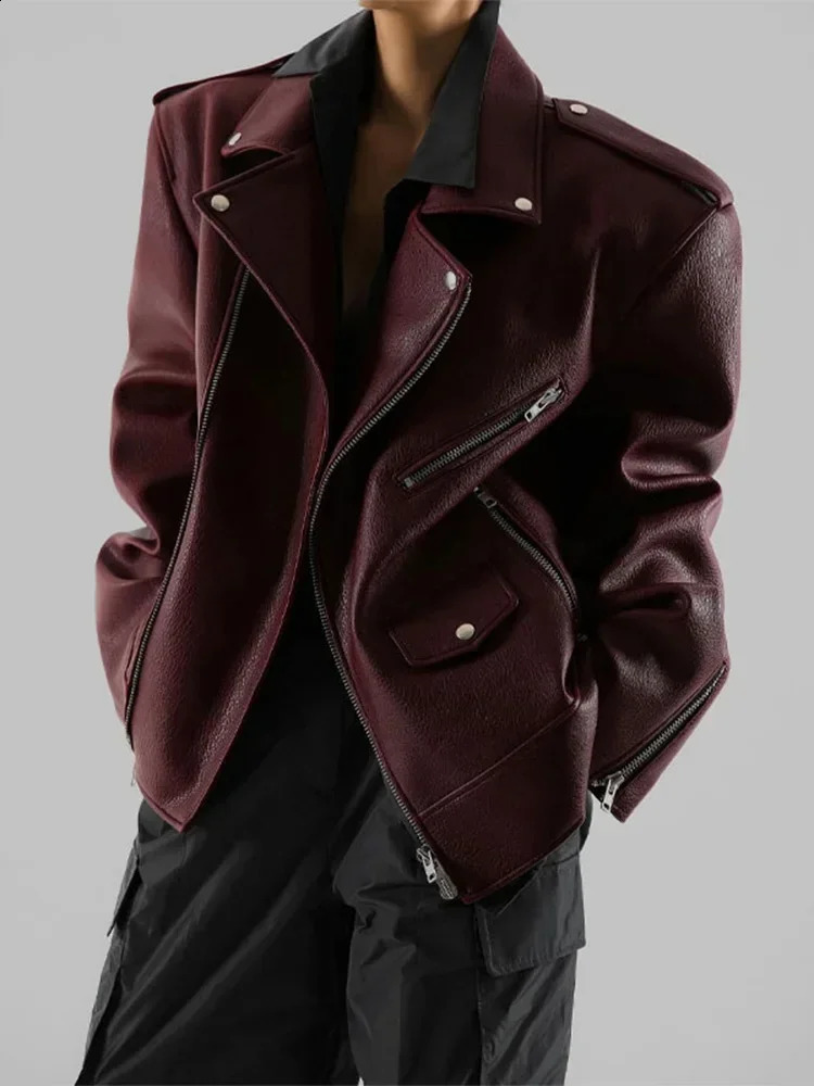 Womens Solid Leather Double Zipper Motorcycle Jacket Fashion Loose Collar Long Sleeve Pu Cut Coat Autumn Womens Street Clothing 241115