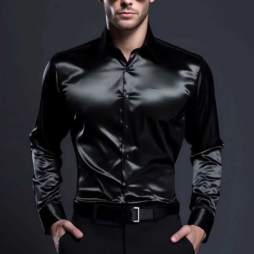 Elegant Satin Silk Mens Dress Shirt Slim Fit Long Sleeve Cocktail Party Luxury Button Down Casual Suit ShirtXJ250121