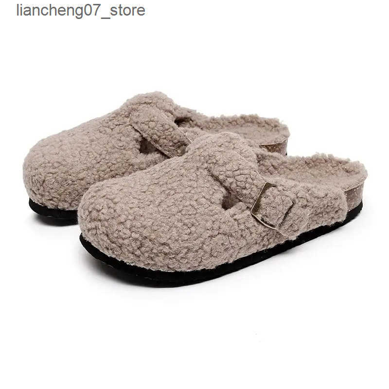 2023 Woolen Women Fluffy Slippers Closed Toe Cork Sandals Woman Mule Clogs Shoes Garden Clog Outdoor J241121