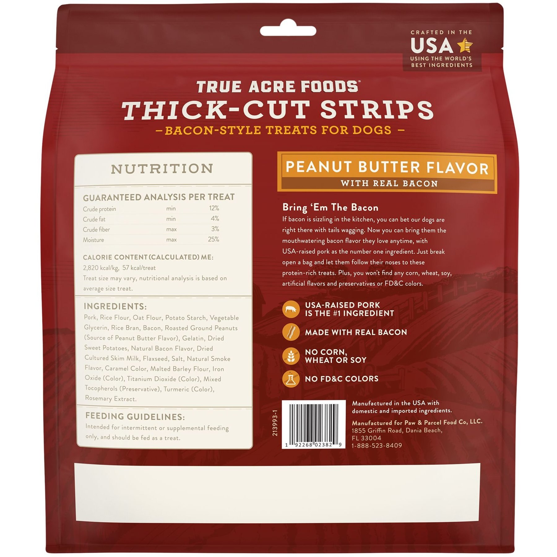 True Acre Foods Thick Cut Strips with Real Bacon and Peanut Butter Flavor Dog Treats