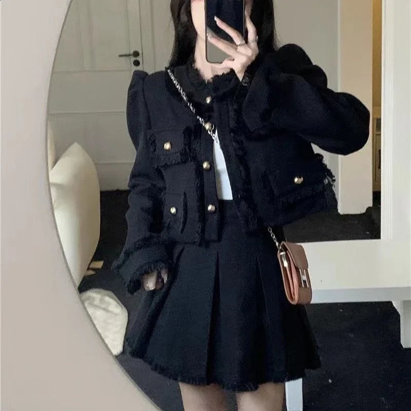 Vintage Cropped Blazers Mini Skirts 2pcs Set Koean Women Long Sleeved Jackets Tops with High Waist Pleated A-line Skirt Suits 241121