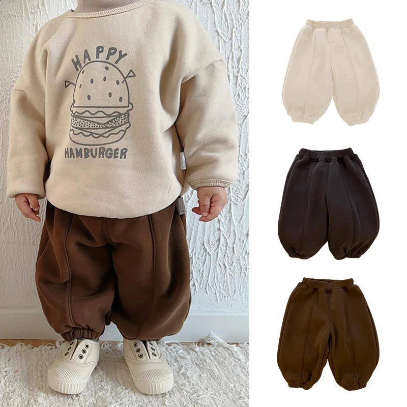 Autumn Winter Ins Baby Boy Jogger Pants Elastic Waist Solid Color Plush Thick Appearance born Boy Pants Baby Boy Pants 241121