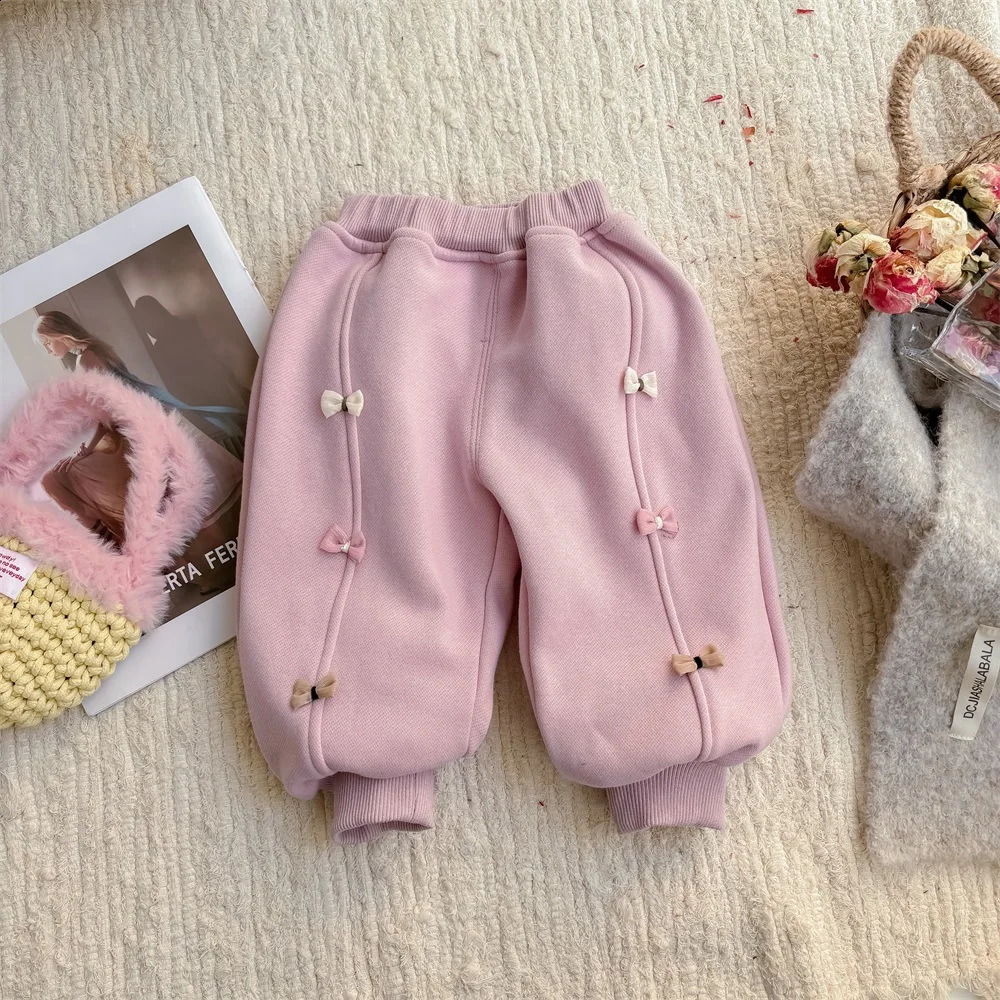 Korean Winter Baby Girl Pants Cotton and Velvet Knot Loose Edition Baby Pants Preschool Womens Pants Trousers 241121