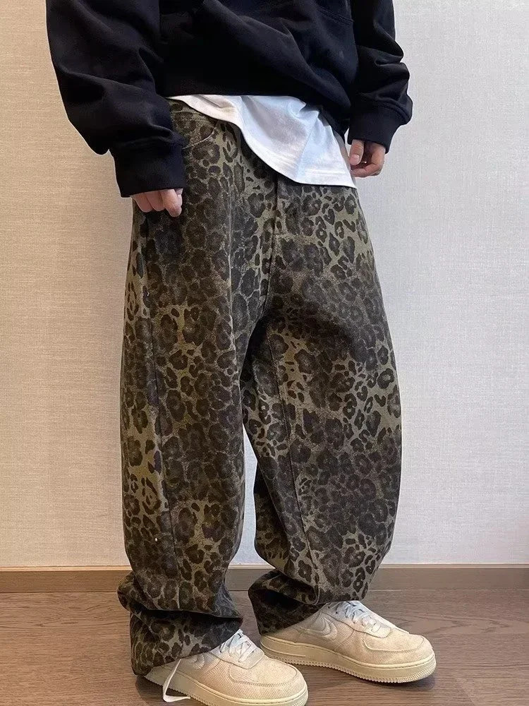 HOUZHOU Tan Leopard Jeans Men Denim Pants Male Oversize Wide Leg Trousers Streetwear Hip Hop Vintage Loose Casual Animal Print 240420