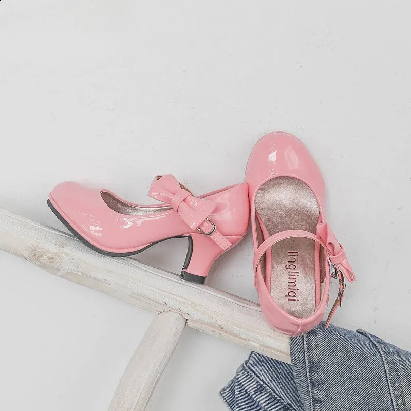 Fashion Girls High Heels Glossy Bowtie Kids Leather Shoe Spring Autumn Children Causal Princess Dress Shoes for Evening Party 250114