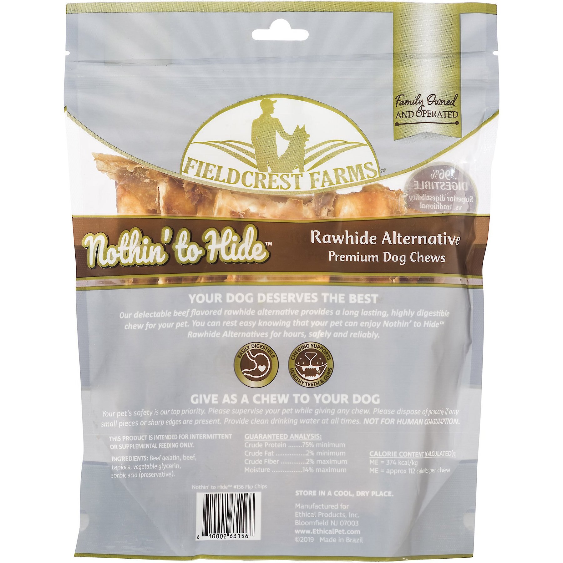 Fieldcrest Farms Nothin' To Hide Rawhide Alternative Premium Dog Chews Flip Chips Beef Flavor Natural Chew Dog Treats, 8 count