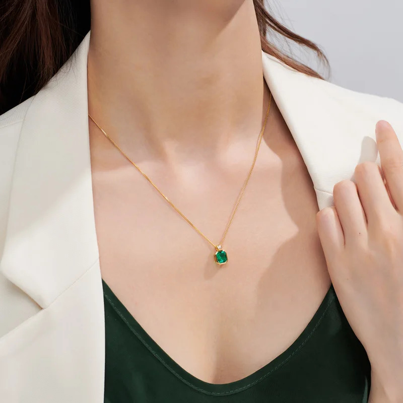 S925 sterling silver inlaid jade square necklace pendant sweet lightweight style womens necklace 241120