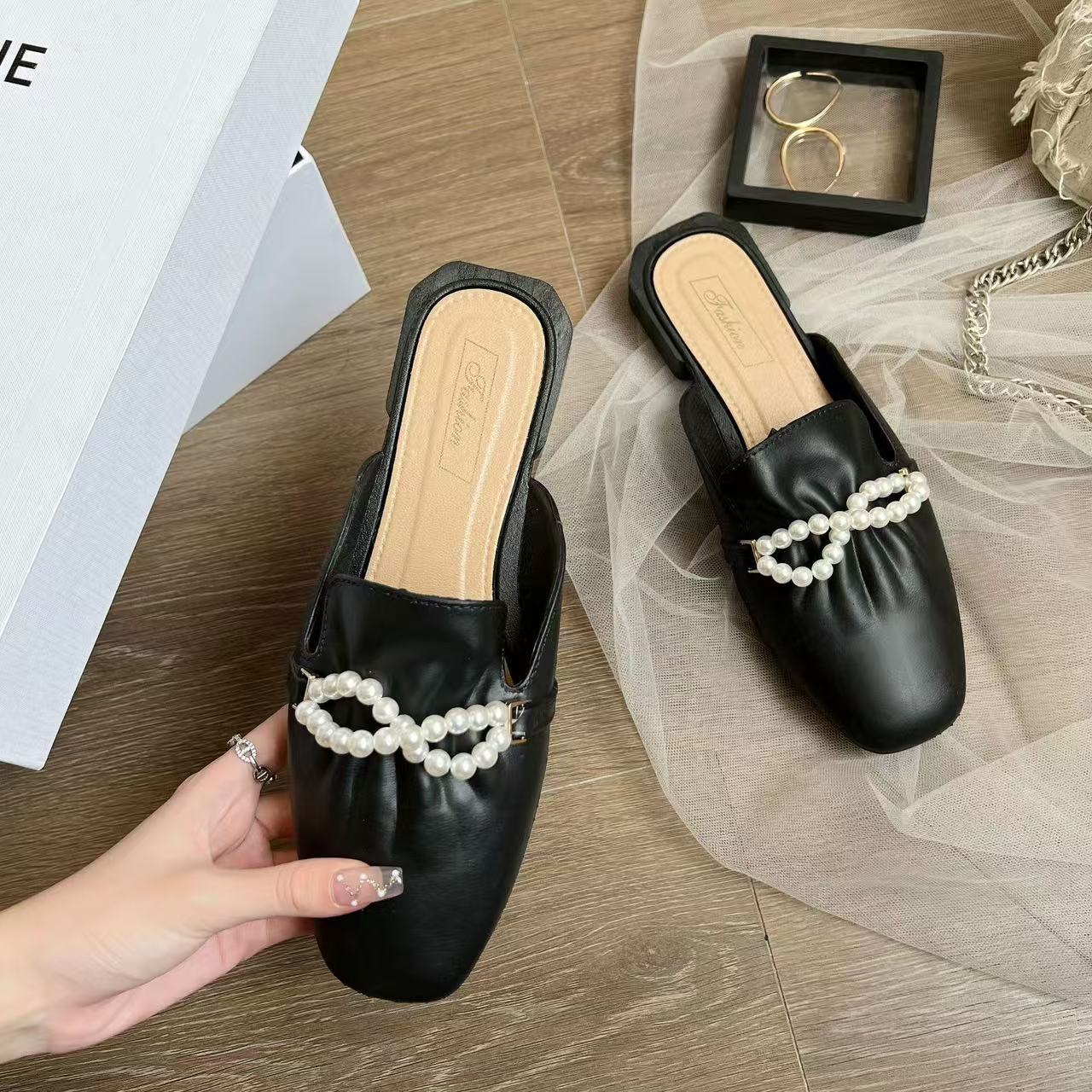 fashion leather designer bowknot slippers pointed toe slides mules for women low heel summer shoes outfoor flip ps