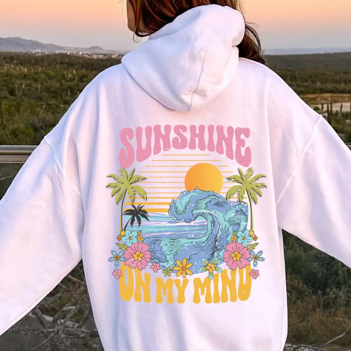 Beach Sunshine on my Mind Hoodie Sunset Oversize Hooded Sweatshirts Woman Aesthetic Long Sleeves Soft Crewneck Streetwear Clothe 241121