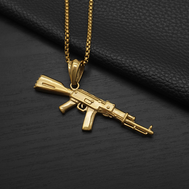 Hip Hop Vintage Punk Mens AK47 Pendant Necklace Stainless Steel 18K Gold Plated No Fade Jewelry