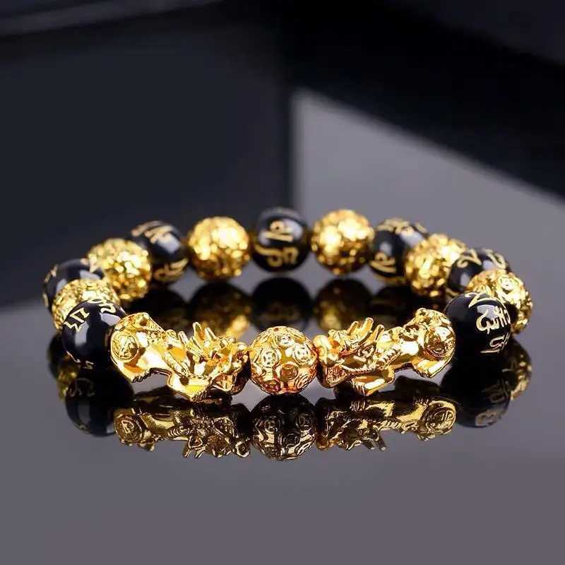 Chain Feng Shui Obsidian Stone Beads Bracelet Gold Color Black Pixiu Wealth Good Luck Wristband Men Women Unisex Lucky Jewelry Gifts Y240420