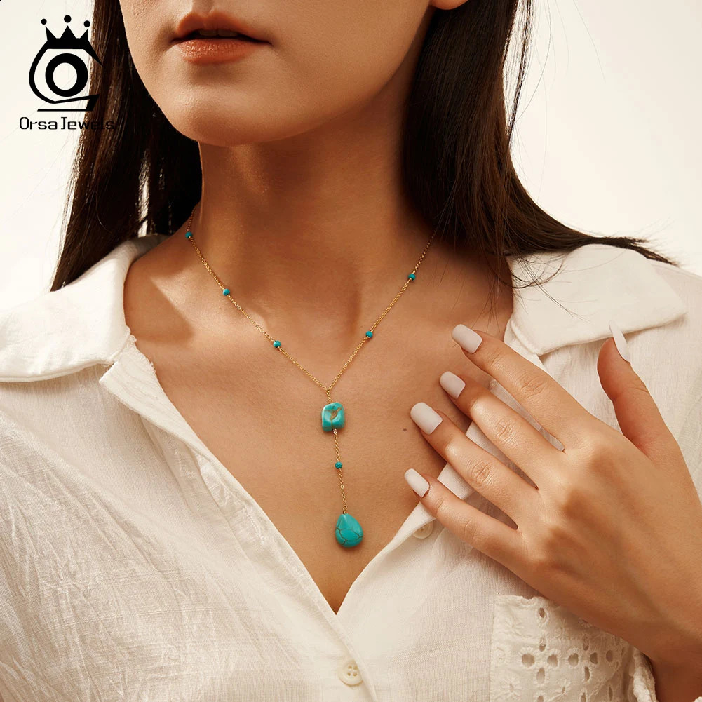 ORSA JEWELS Fashion Y-shaped Necklace 925 Pure Silver Irregular Turquoise Long Chain Necklace Womens Jewelry GMN50 241120