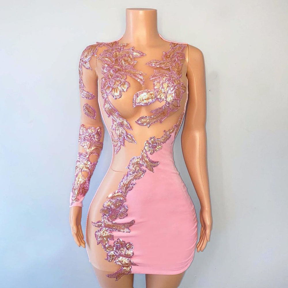 Sexy Illusion Short Prom Dresses With Sequined Lace Long Sleeves Black Girls Mermaid Party Gala Gowns Cocktail Dresses